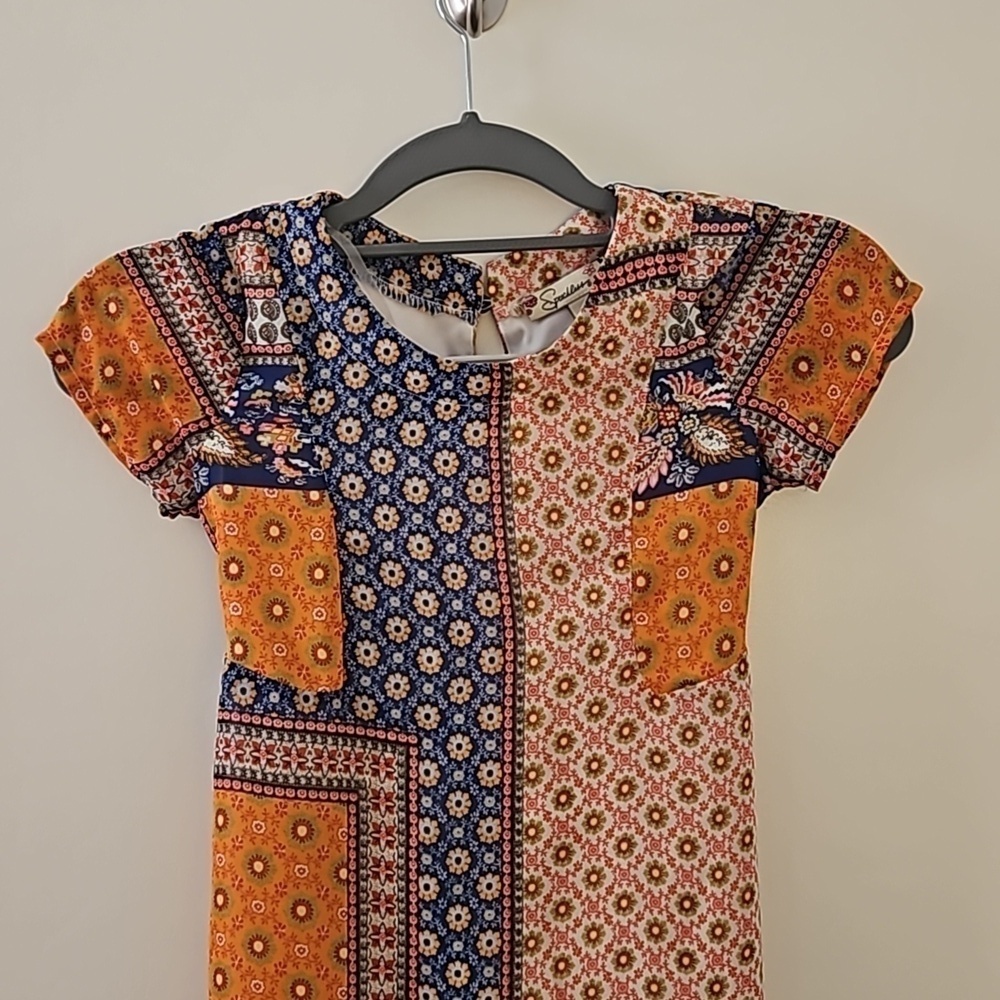 SPEECHLESS Orange Mixed Print Patchwork Tie Back Short Sleeve Dress - Picture 7 of 10